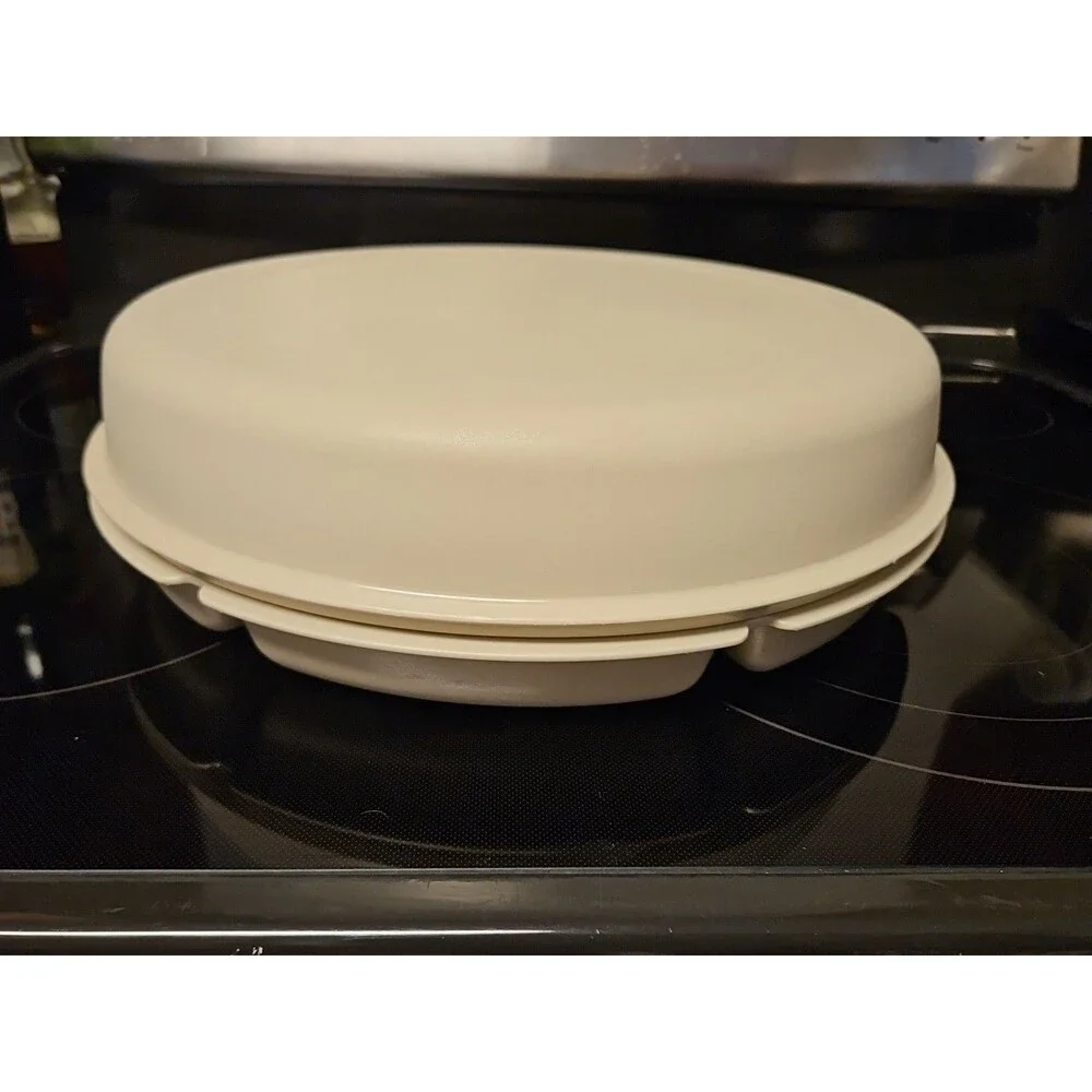 Tupperware Divided Serving Tray 1665-3 Almond With Lid & Dip Bowl 3 pc set